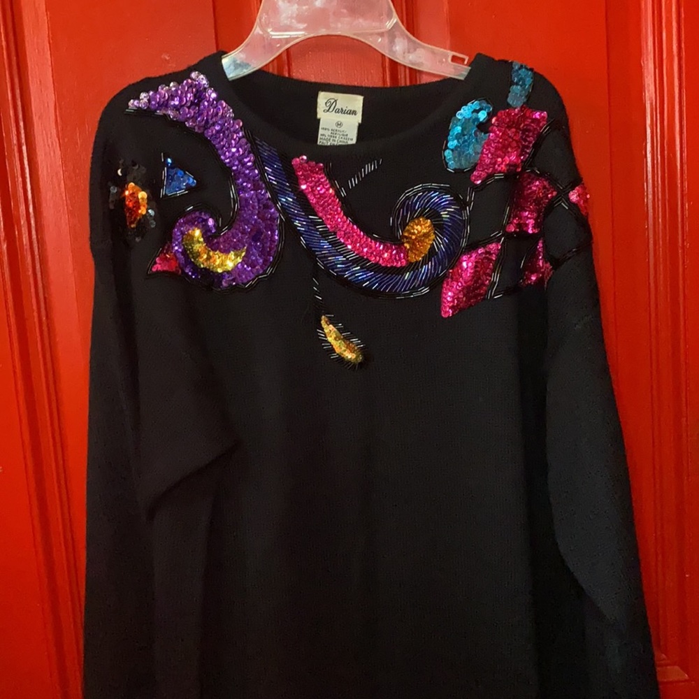 Long Black Sweater Dress w/ Sequin & Beads - Size Medium